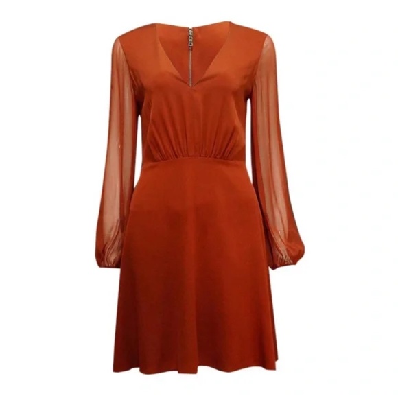 ALICE + OLIVIA Cary Long Sleeve Stretch Silk A Line Copper size 4 NWT - Picture 3 of 6